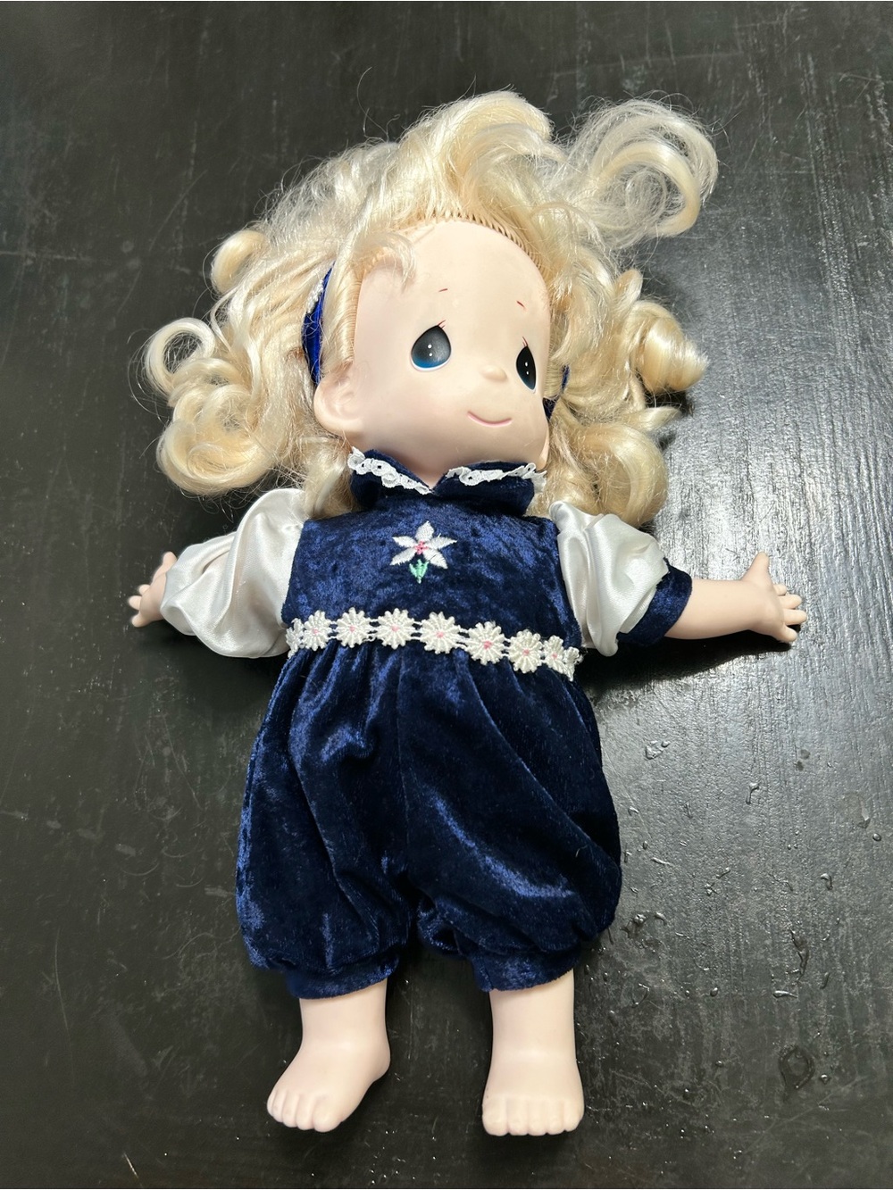 Precious Moments Blonde Doll in Navy Blue Velvet Outfit